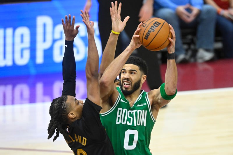 Cleveland Cavaliers guard Darius Garland (10) defends Boston Celtics forward Jayson Tatum (0) in the fourth quarter at Rocket Mortgage FieldHouse.