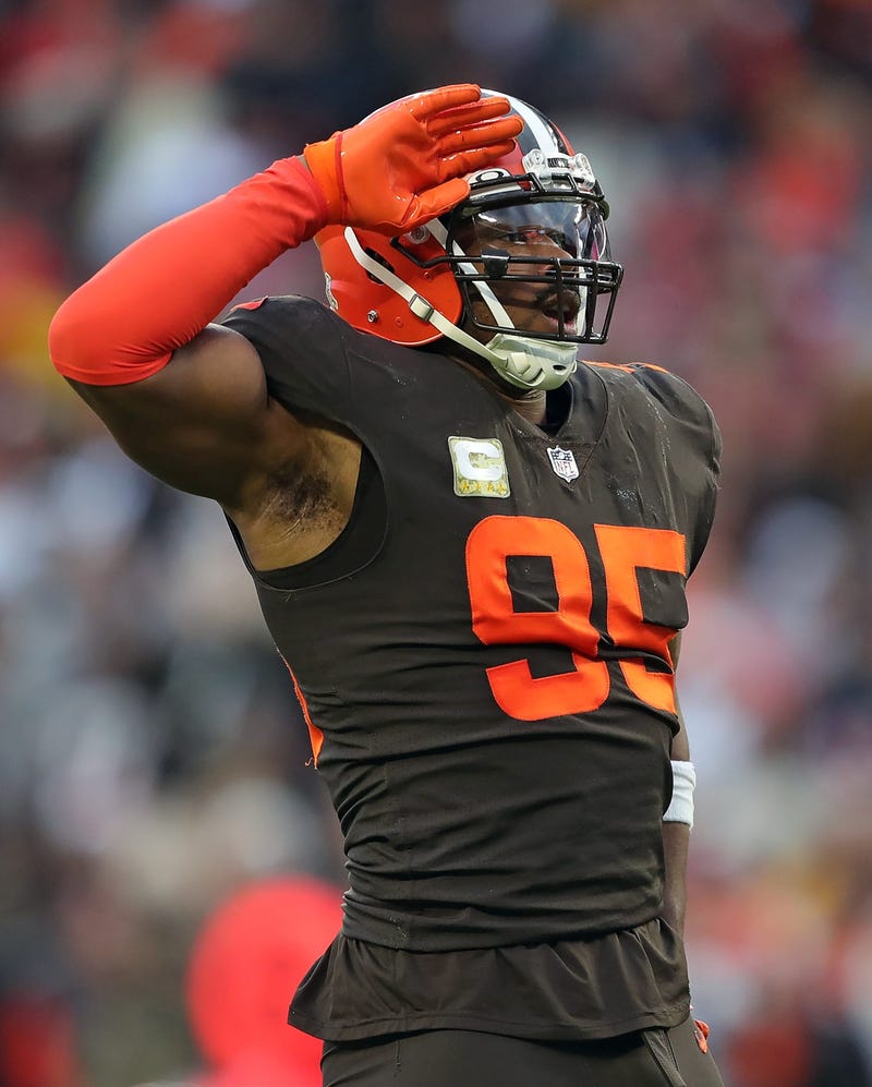 Cleveland Browns defensive end Myles Garrett celebrates after sacking Tampa Bay Buccaneers quarterback Tom Brady during the second half at FirstEnergy Stadium, Sunday, Nov. 27, 2022, in Cleveland.