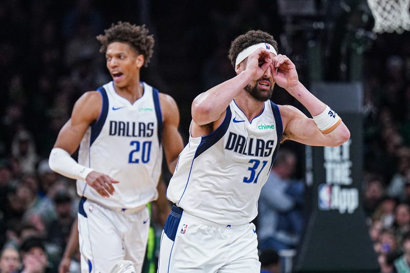 Dallas Mavericks guard Klay Thompson (31) reacts after a play against the Boston Celtics in the second half at TD Garden.