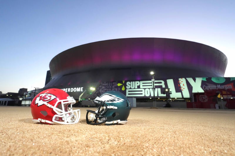 Feb 7, 2025; New Orleans, LA, USA; A general overall view of Kansas City Chiefs and Philadelphia Eagles helmets at the Caesars Superdome, the site of the Super Bowl LIX between the Kansas City Chiefs and the Philadelphia Eagles. Mandatory Credit: Kirby Lee-Imagn Images