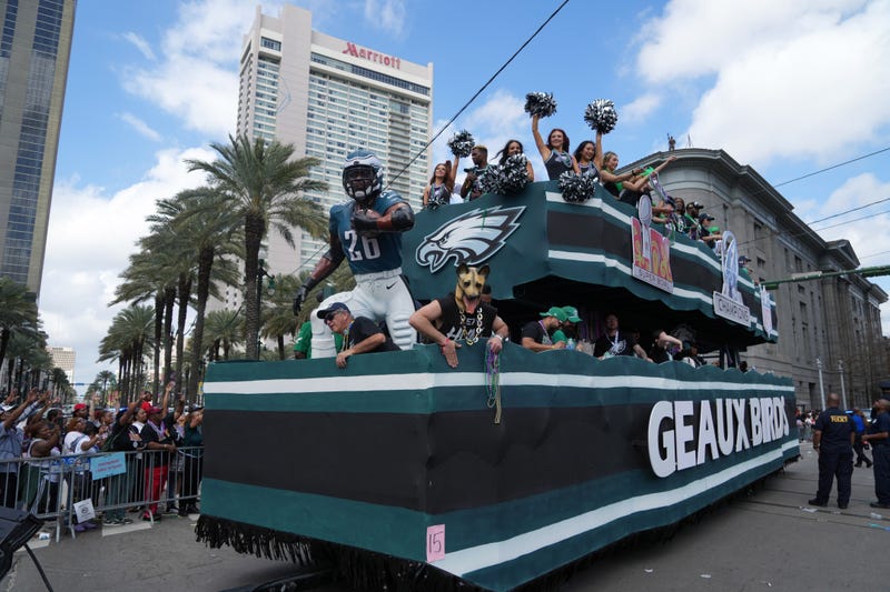 The Super Bowl LIX Host Committee Parade on Saturday in New Orleans featured a Philadelphia Eagles float with a figure of running back Saquon Barkley.
