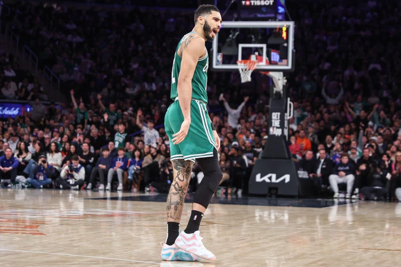 Boston Celtics forward Jayson Tatum (0) yells to the fans in the third quarter against the New York Knicks at Madison Square Garden.