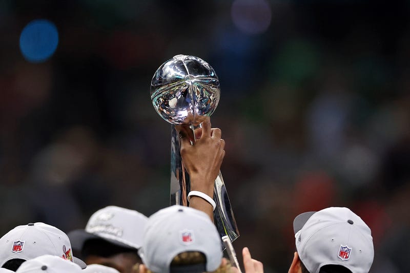 Feb 9, 2025; New Orleans, LA, USA; A detail view as the Philadelphia Eagles lift the Vince Lombardi Trophy after winning Super Bowl LIX against the Kansas City Chiefs at Caesars Superdome. Mandatory Credit: Bill Streicher-Imagn Images
