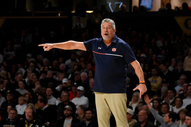 Feb 11, 2025; Nashville, Tennessee, USA; Auburn Tigers head coach Bruce Pearl yells to his team against the Vanderbilt Commodores during the second half at Memorial Gymnasium. Mandatory Credit: Steve Roberts-Imagn Images