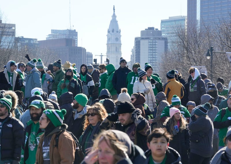 Fans wait for the Philadelphia Eagles Super Bowl parade to reach the Philadelphia Museum of Art area, Friday, Feb. 14, 2025.