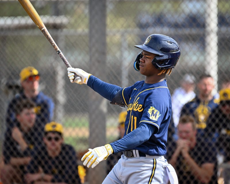 Milwaukee Brewers shortstop prospect Jesus Made swings the bat during spring training workouts Monday, February 17, 2025, at American Family Fields of Phoenix in Phoenix, Arizona.