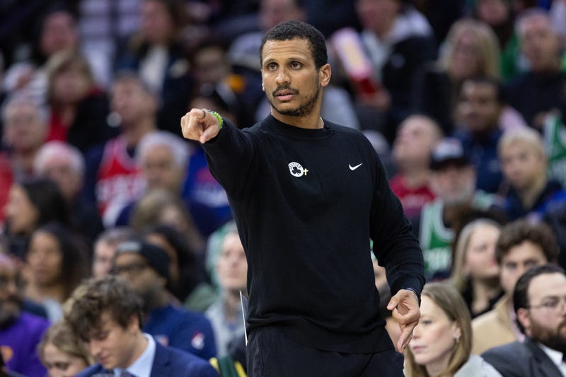 Boston Celtics head coach Joe Mazzulla reacts during the second quarter against the Philadelphia 76ers at Wells Fargo Center.