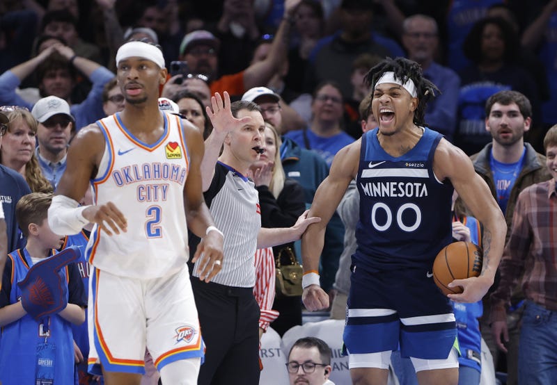 Minnesota Timberwolves guard Terrence Shannon Jr. (00) reacts after a play against the Oklahoma City Thunder during the second half at Paycom Center. 