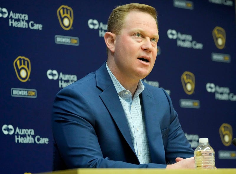 Senior Vice President and General Manager Matt Arnold speaks during an an end of season press conference at American Family Field in Milwaukee, October 10, 2023.