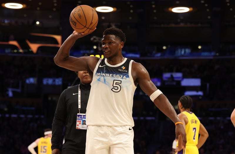 Minnesota Timberwolves guard Anthony Edwards (5) reacts after being ejected during the third quarter against the Los Angeles Lakers at Crypto.com Arena. 