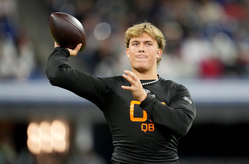 Mar 1, 2025; Indianapolis, IN, USA; Mississippi quarterback Jaxson Dart (QB03) during the 2025 NFL Combine at Lucas Oil Stadium. 