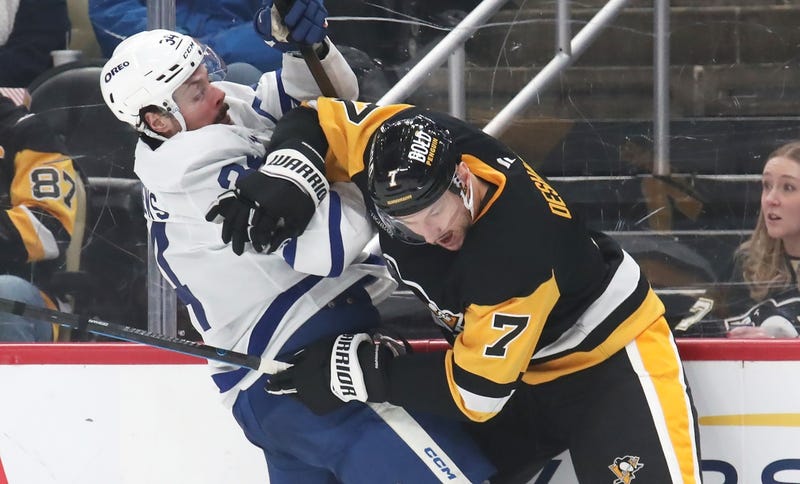 Hit by Pens defenseman Vincent Desharnais