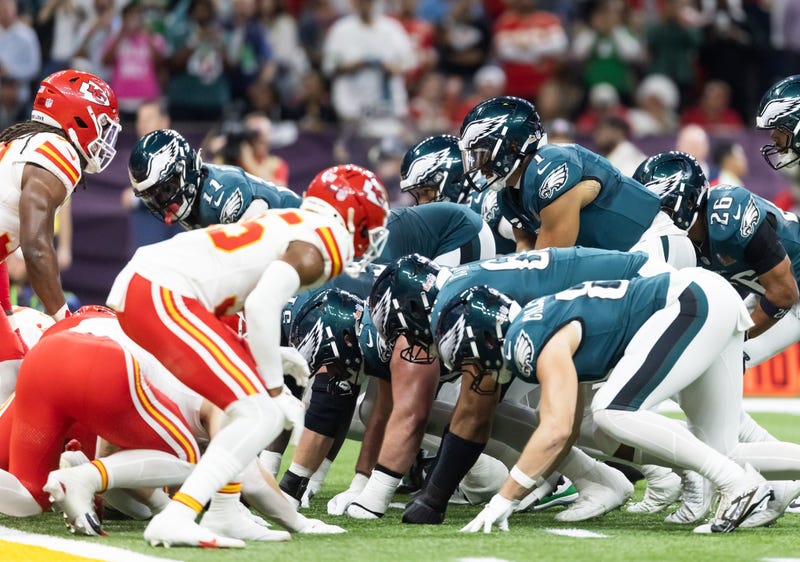 Philadelphia Eagles quarterback Jalen Hurts (1) lines up for the tush push play on the goal line against the Kansas City Chiefs during Super Bowl LIX at Ceasars Superdome. 