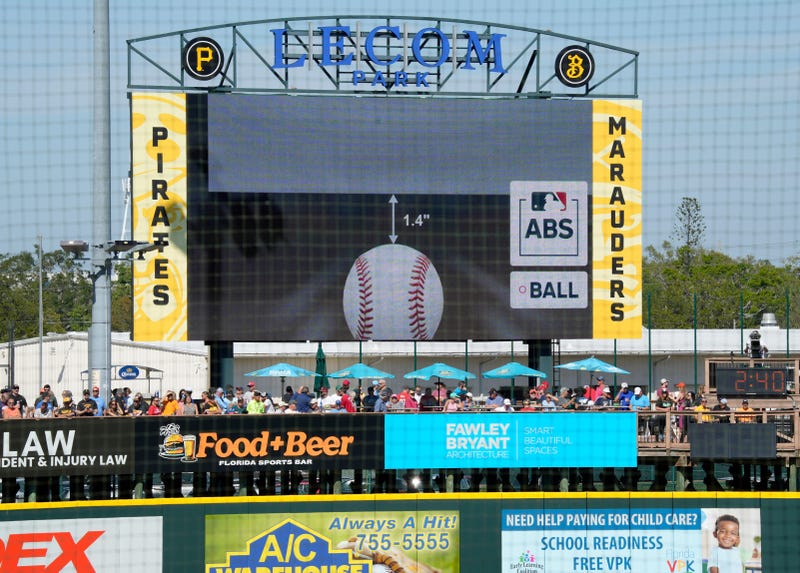 The scoreboard at LECOM Park displays a screen from the ABS challenge system, indicating that a called strike was actually a ball, 1.4” below the strick zone. Major League Baseball was testing an Automated Ball-Stike (ABS) challenge system at select spring training parks which will now go into effect for the 2026 MLB season.