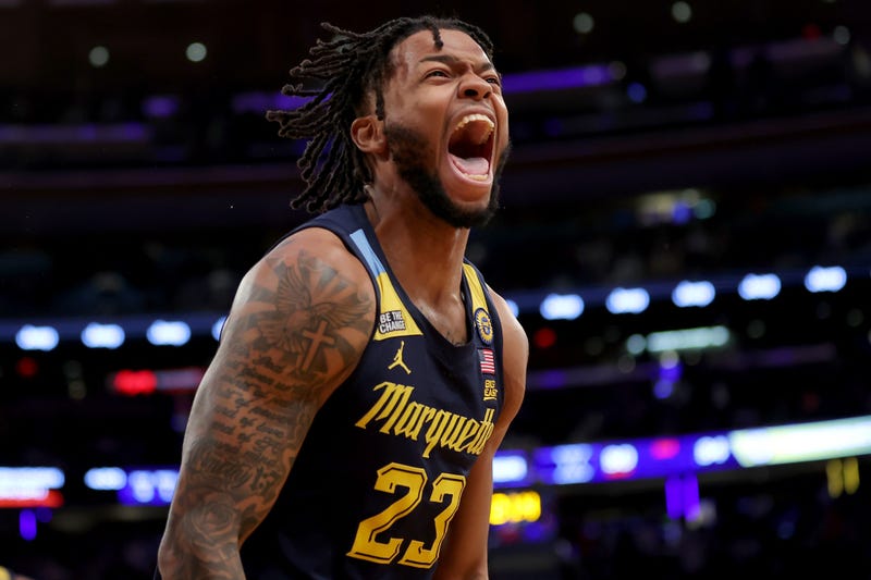 Mar 13, 2025; New York, NY, USA; Marquette Golden Eagles forward David Joplin (23) reacts after a block during the second half against the Xavier Musketeers at Madison Square Garden. Mandatory Credit: Brad Penner-Imagn Images