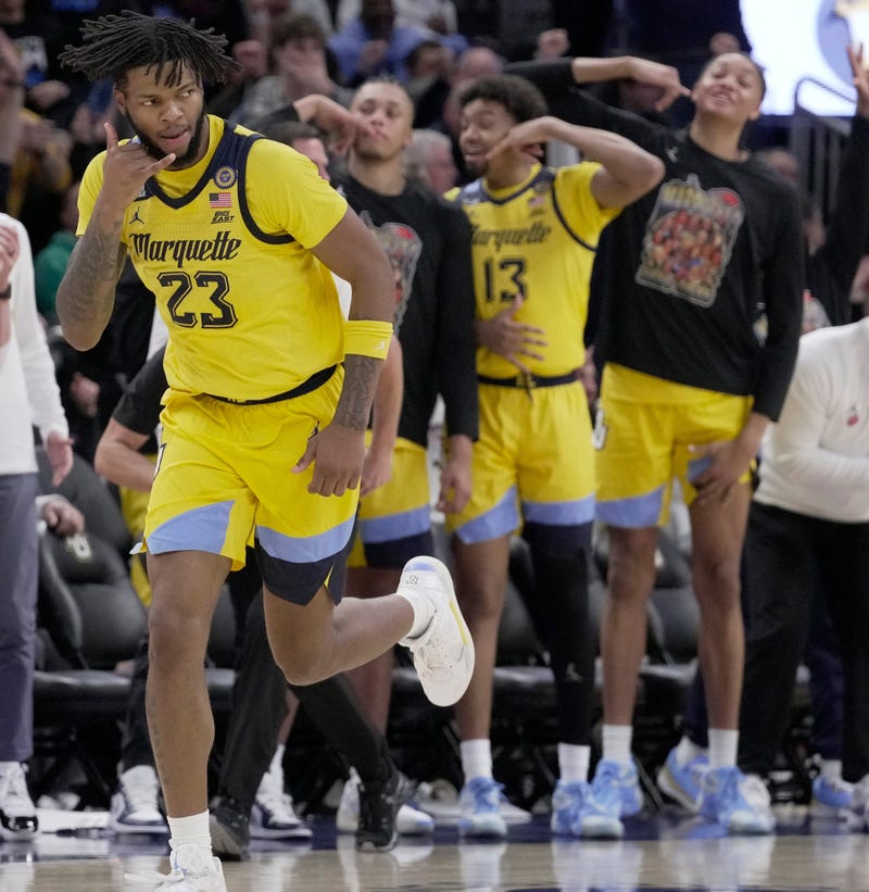 Marquette forward David Joplin celebrates his three-point basket during the second half of their game Friday, January 3, 2025 at Fiserv Forum in Milwaukee, Wisconsin. Marquette beat Creighton 79-71.