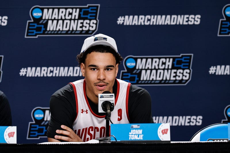 Mar 19, 2025; Denver, CO, USA; Wisconsin Badgers player John Tonje during a press conference at Ball Arena. Mandatory Credit: Isaiah J. Downing-Imagn Images