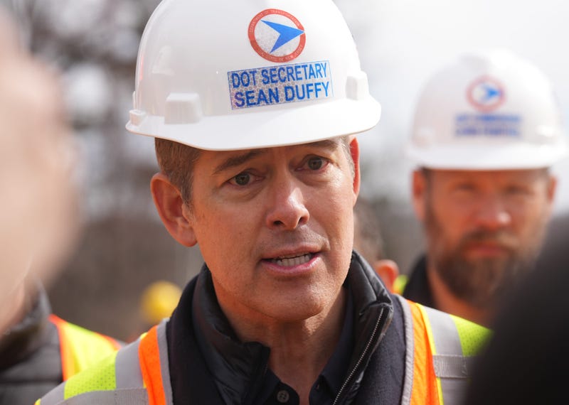 U.S. Transportation Secretary Sean Duffy answers questions after he was given a tour of sinkhole repairs on Rt 80 in the Borough of Wharton