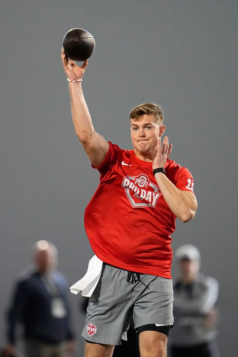 Ohio State Buckeyes quarterback Will Howard throws during the pro day for NFL scouts at the Woody Hayes Athletic Cente on March 26, 2025.