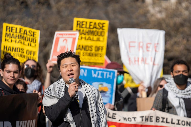 David Chung, organizer with Shut It Down for Palestine, chants during a rally outside of the hearing for detained Columbia University graduate Mahmoud Khalil at U.S. District Court in Newark on Friday, March 28, 2025