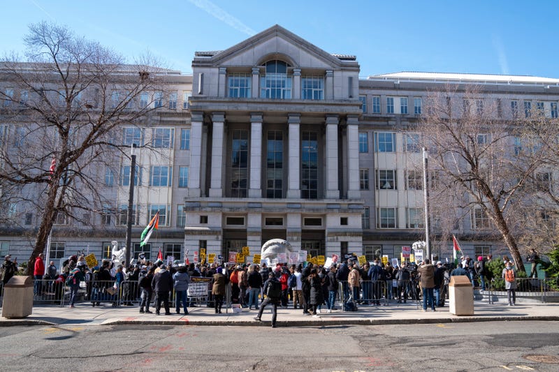 Protesters gather for a rally outside of the hearing for detained Columbia University graduate Mahmoud Khalil at U.S. District Court in Newark on Friday, March 28, 2025