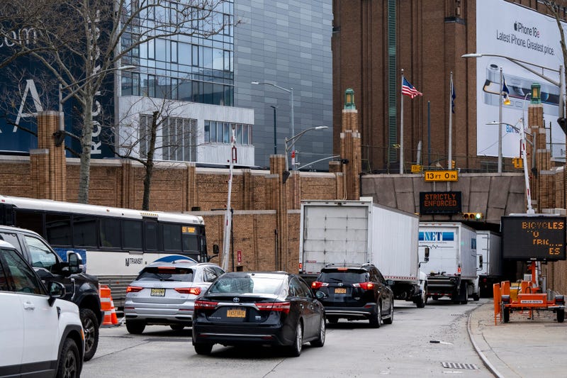 Cars line up to enter the Lincoln Tunnel in Manhattan