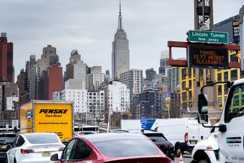 Cars line up to enter the Lincoln Tunnel on March 28, 2025