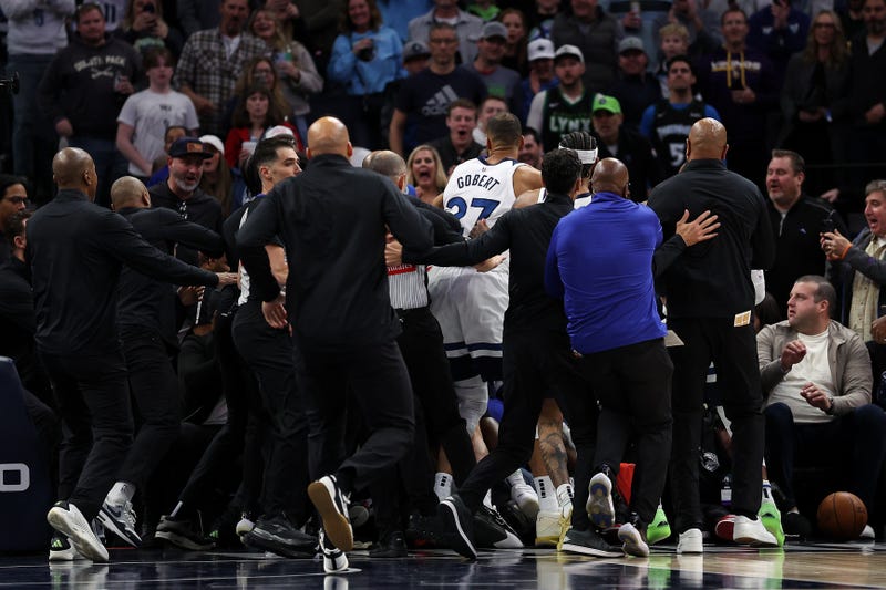 Minnesota Timberwolves and Detroit Pistons players get into a fight during the second quarter at Target Center.