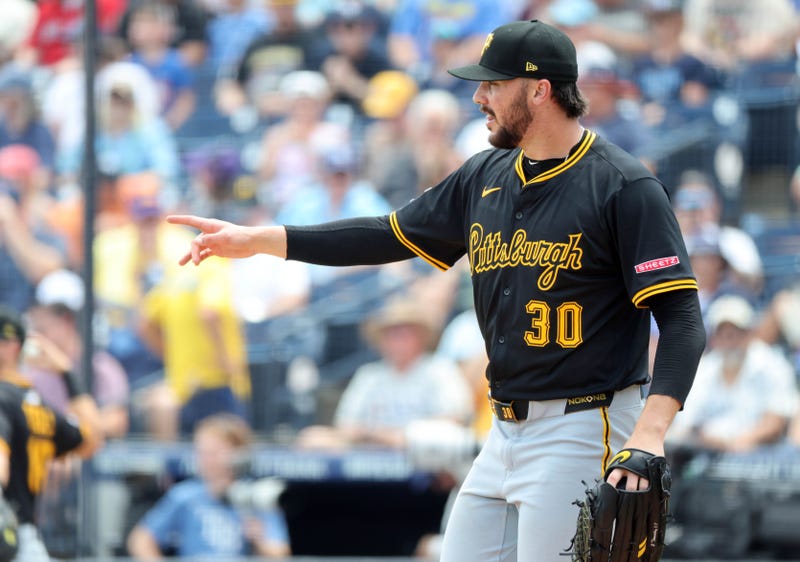Paul Skenes points after pitch