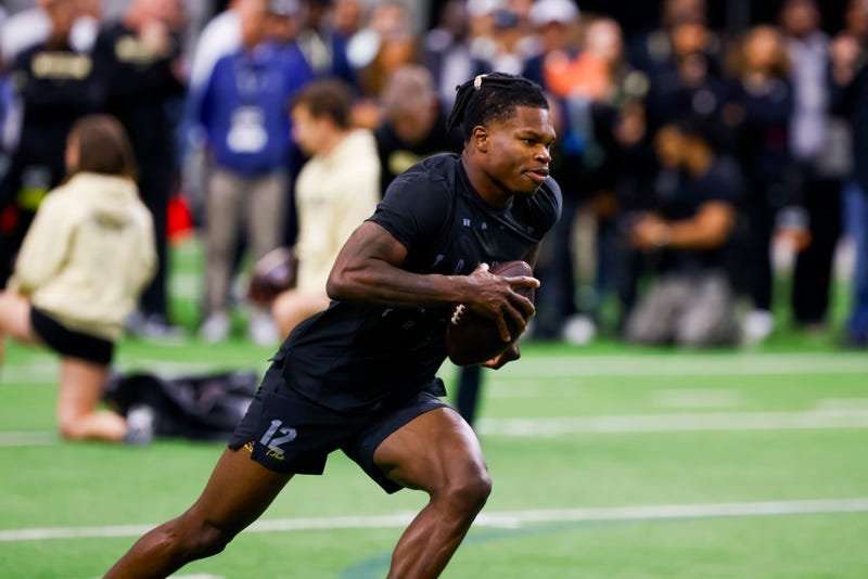 Apr 4, 2025; Boulder, CO, USA; Colorado Buffaloes wide receiver Travis Hunter (12) runs drills at the University of Colorado NFL Showcase at the CU Indoor Practice Facility.