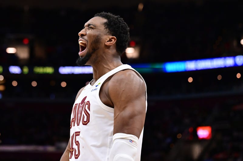 Apr 6, 2025; Cleveland, Ohio, USA; Cleveland Cavaliers guard Donovan Mitchell (45) reacts after a play during the second half against the Sacramento Kings at Rocket Arena.