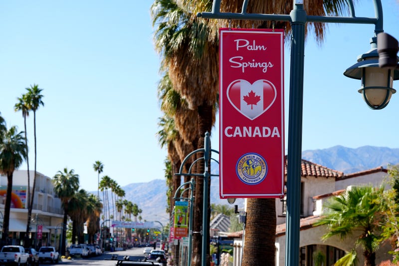 The city of Palm Springs has unveiled a new set of banners that highlight the city's support and kinship with Canada amid recent tensions between the Trump administration and the Canadian government, in Palm Springs, Calif., on Monday, April 7, 2025.