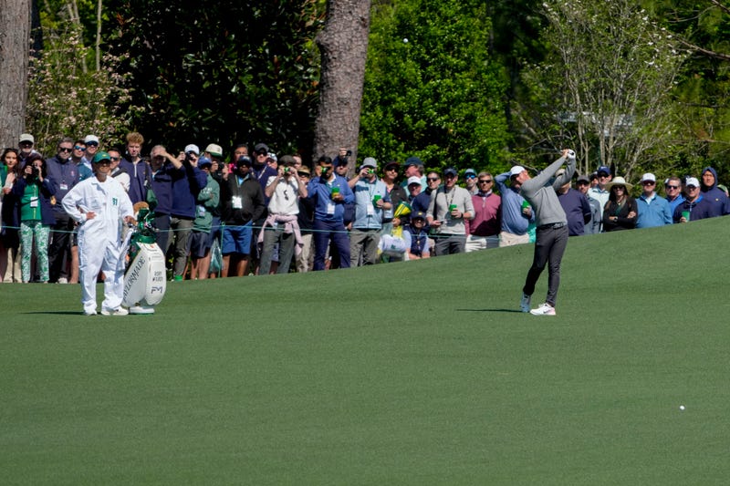 Rory McIlroy plays his ball on no. 2 during a practice round of the Masters Tournament at Augusta National Golf Club