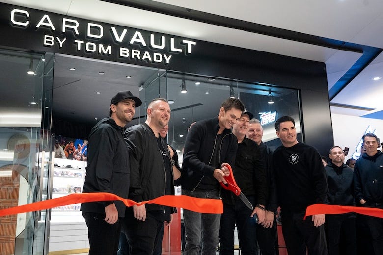 Tom Brady cuts the ribbon for the grand opening of Card Vault by Tom Brady, a sports card and memorabilia retailer at American Dream, East Rutherford, Friday, Apr. 11, 2025