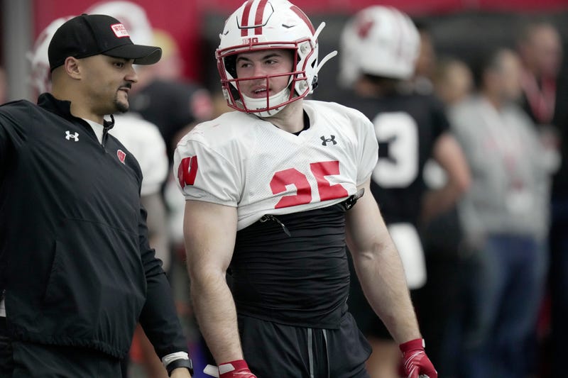 Wisconsin running back Cade Yacamelli (25) is shown during spring football practice Thursday, April 3, 2025 in Madison, Wisconsin.