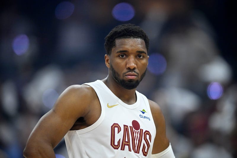 Apr 20, 2025; Cleveland, Ohio, USA; Cleveland Cavaliers guard Donovan Mitchell (45) stands on the court in the first quarter against the Miami Heat at Rocket Arena. 