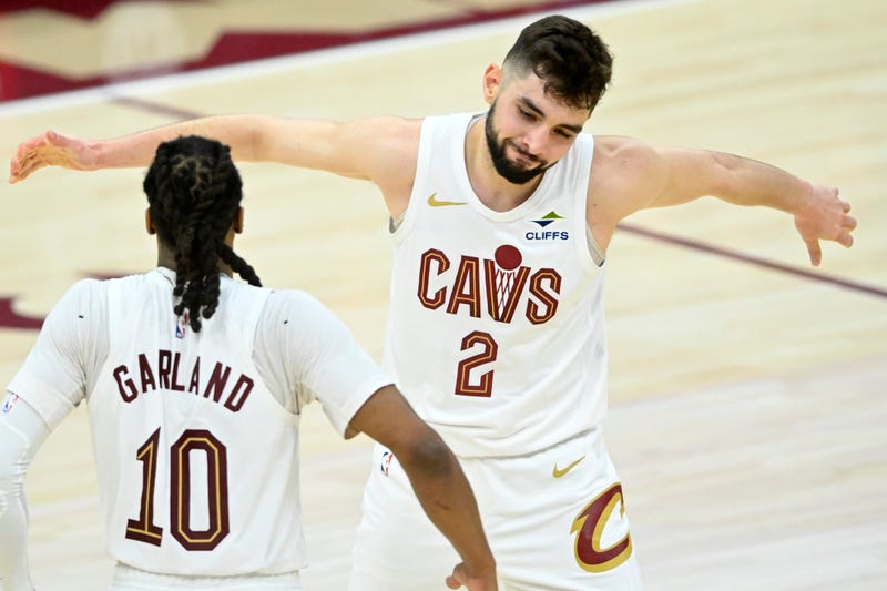 Cleveland Cavaliers guard Ty Jerome (2) and guard Darius Garland (10) celebrate in the fourth quarter against the Miami Heat at Rocket Arena. 