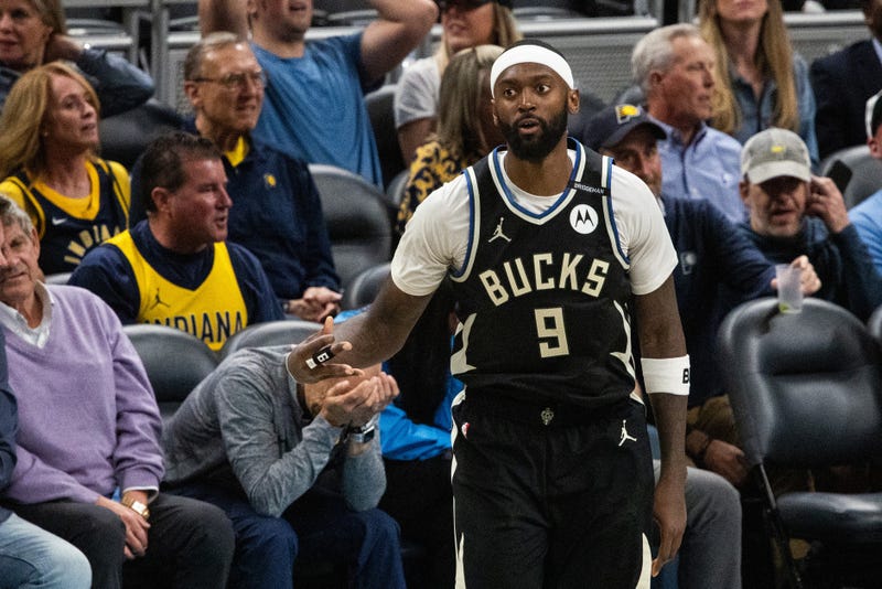 Apr 22, 2025; Indianapolis, Indiana, USA; Milwaukee Bucks forward Bobby Portis (9) celebrates a made basket during game two of first round for the 2024 NBA Playoffs against the Indiana Pacers at Gainbridge Fieldhouse. Mandatory Credit: Trevor Ruszkowski-Imagn Images