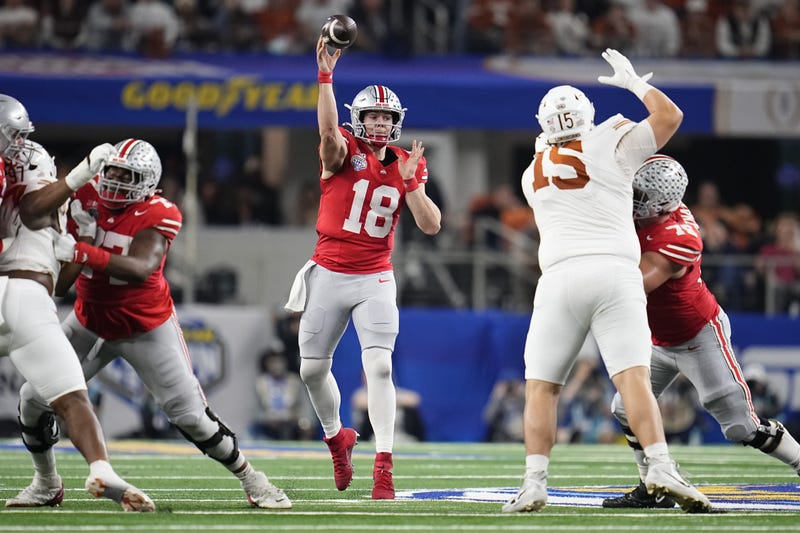 Ohio State Buckeyes quarterback Will Howard (18) throws during the second half of the Cotton Bowl Classic College Football Playoff semifinal game against the Texas Longhorns at AT&T Stadium in Arlington, Texas on Jan. 10, 2025. Ohio State won 28-14.