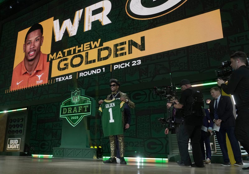 Wide Receiver Matthew Golden of Texas poses after being selected twenty-third overall pick by the Green Bay Packers during the first round of the 2025 NFL Draft at Lambeau Field on April 24, 2025 in Green Bay.