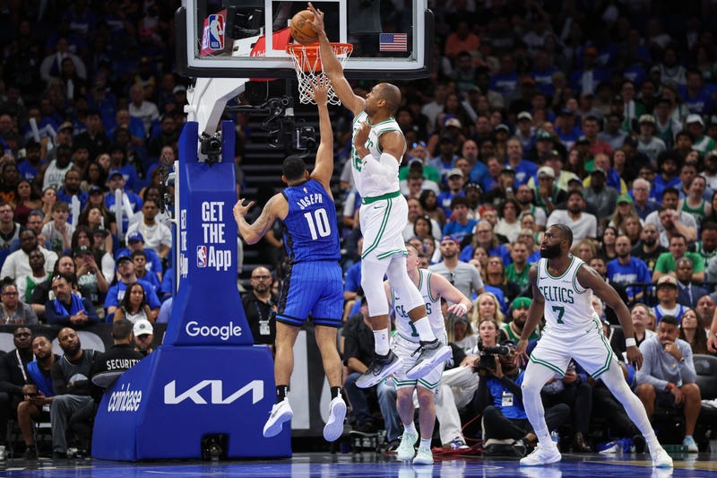 Boston Celtics center Al Horford (42) blocks a shot from Orlando Magic guard Cory Joseph (10) in the fourth quarter during game four of first round for the 2025 NBA Playoffs at Kia Center.