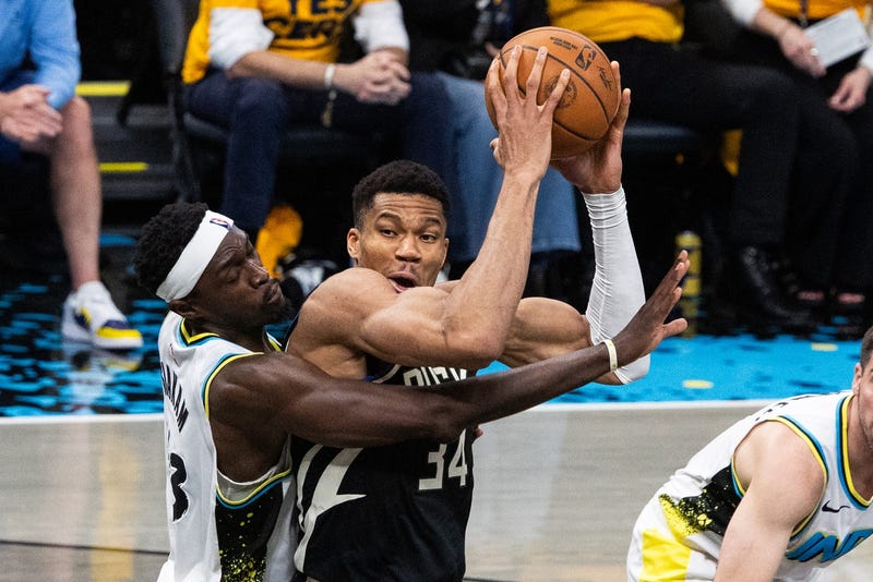 Apr 29, 2025; Indianapolis, Indiana, USA; Milwaukee Bucks forward Giannis Antetokounmpo (34) shoots the ball while Indiana Pacers forward Pascal Siakam (43) defends during game five of the first round for the 2024 NBA Playoffs at Gainbridge Fieldhouse. Mandatory Credit: Trevor Ruszkowski-Imagn Images