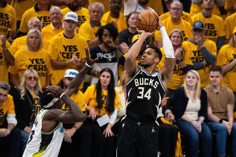 Apr 29, 2025; Indianapolis, Indiana, USA; Milwaukee Bucks forward Giannis Antetokounmpo (34) shoots the ball while Indiana Pacers forward Pascal Siakam (43) defends during game five of the first round for the 2024 NBA Playoffs at Gainbridge Fieldhouse. Mandatory Credit: Trevor Ruszkowski-Imagn Images