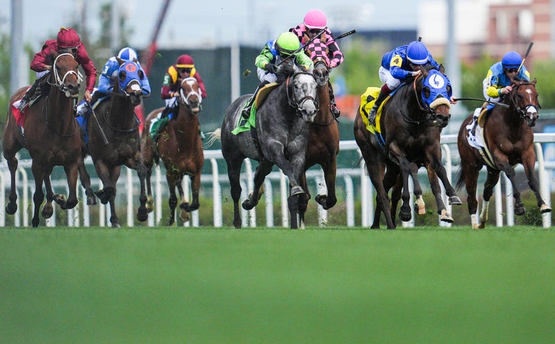 Horses race on the turf during the Abel Construction Hammer and Nails Classic at Thurby at Churchill Downs on May 1, 2025 in Louisville, Kentucky.