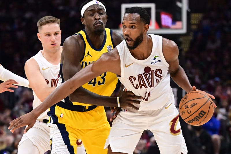 May 4, 2025; Cleveland, Ohio, USA; Indiana Pacers forward Pascal Siakam (43) defends Cleveland Cavaliers forward Evan Mobley (4) during the second half in game one of the second round for the 2025 NBA Playoffs at Rocket Arena