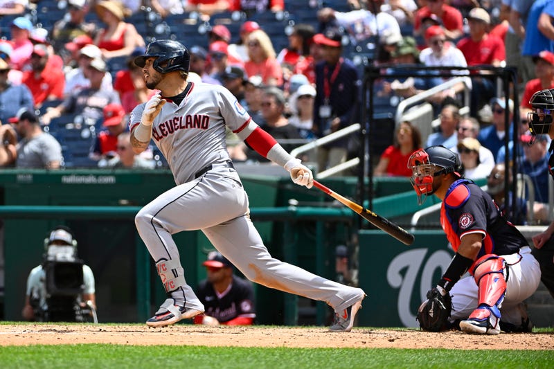Cleveland Guardians second baseman Gabriel Arias (13) singles against the Washington Nationals during the sixth inning at Nationals Park. 