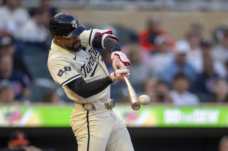 The Buck-Truck is red-hot. Twins center fielder Byron Buxton (25) hits a single against the Baltimore Orioles in the fifth inning at Target Field. He also hit a three-run home run in the third.