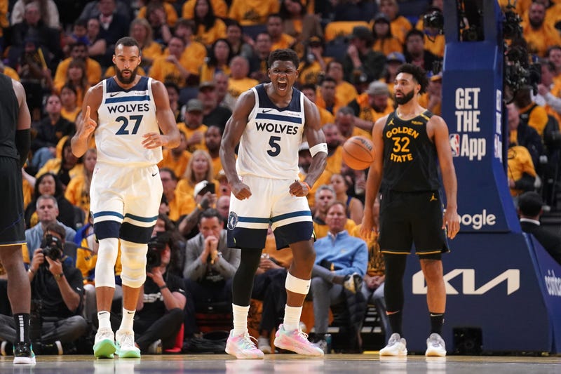 Timberwolves guard Anthony Edwards (5) reacts after making a shot while being fouled against the Golden State Warriors in the third quarter during game four of the second round for the 2025 NBA Playoffs at Chase Center. 