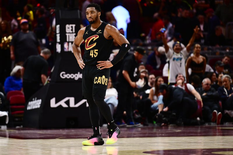 May 13, 2025; Cleveland, Ohio, USA; Cleveland Cavaliers guard Donovan Mitchell (45) reacts during the second half of game five against the Indiana Pacers in the second round for the 2025 NBA Playoffs at Rocket Arena.