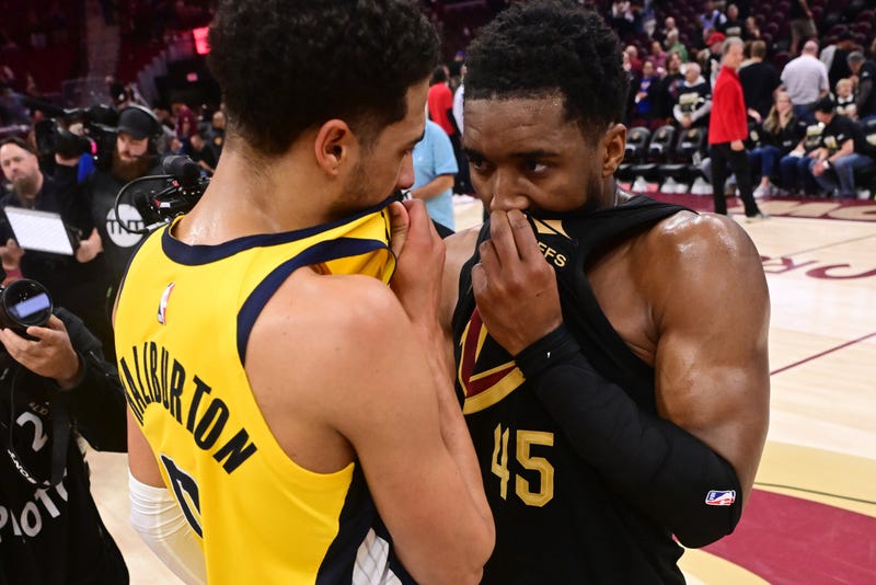 May 13, 2025; Cleveland, Ohio, USA; Indiana Pacers guard Tyrese Haliburton (0) talks to Cleveland Cavaliers guard Donovan Mitchell (45) after game five of the second round for the 2025 NBA Playoffs at Rocket Arena.